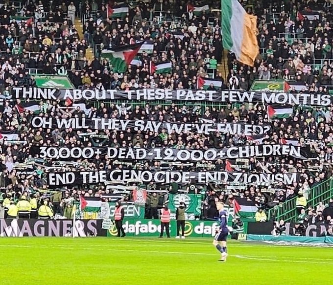 Fans of the Scottish football club Celtic express their solidarity with Palestine and denounce the Israeli assault on Gaza.